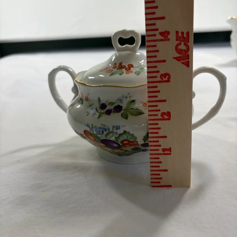 Karolina Poland Porcelain Sugar Bowl and Creamer Set Fruit Floral Gold Trim